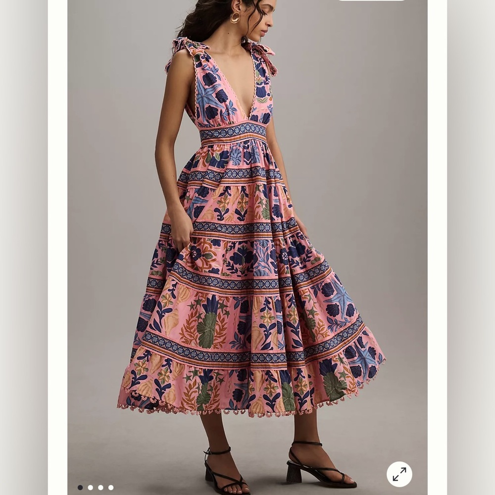 FARM RIO SEASHELL TAPESTRY MIDI DRESS